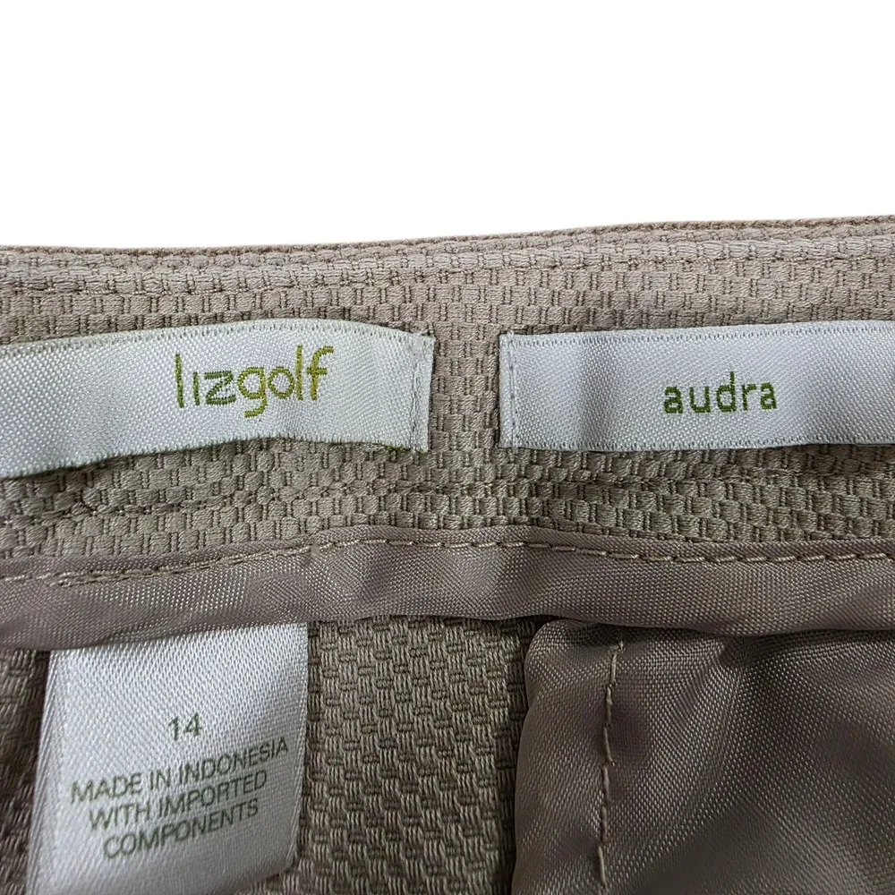 Lizgolf Chino Shorts Womens Khaki 14 Audra‎ Knit Flat Front Stretch Zip Pocket